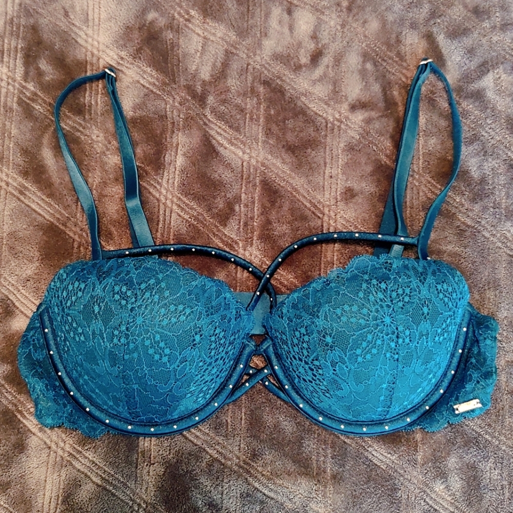 Victoria's Secret PINK Date Push Up Bra, Teal Green Lace & Studs, Sz 34B